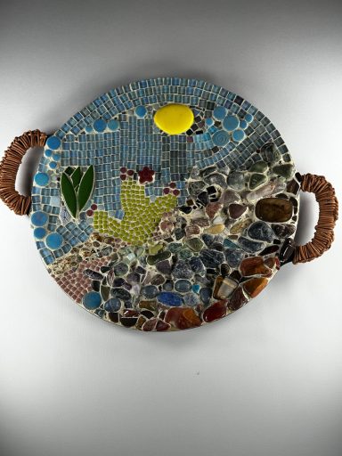 A Desert, mosaic piece made of mixed materials, featuring a sun &  flowering cactus in the desert  gemstones, Rubies, Sapphires, Tigers eye 
